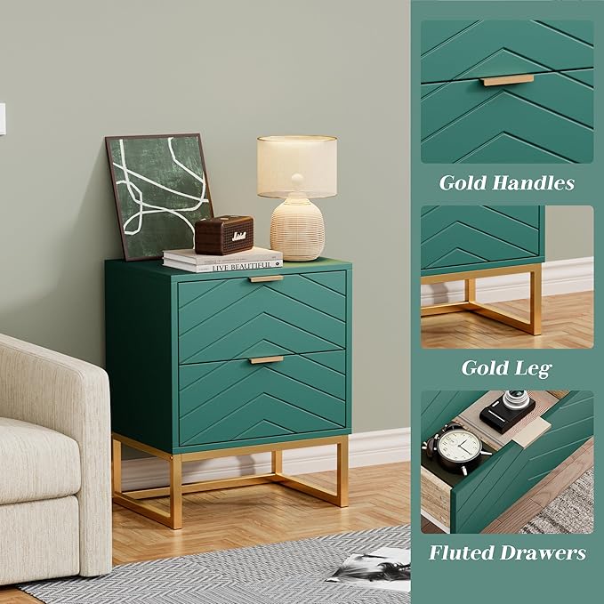 Anbuy 9 Drawer Dresser and Nightstand Sets for Bedroom, Night Stand Set of 2 & 9 Drawer Dresser with Gold Handles, 3 Pieces Bedroom Sets, Morden Wood Chest of Drawers Storage Cabinet Set, Green