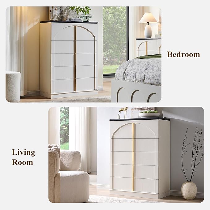 ACCOHOHO Modern 5 Drawers Dresser for Bedroom with Arched Panel,44" Tall Dresser for Closet with Metal Handles,Push-to-Open Wood Storage Closet Dressers Tv Stand for Living Room, Hallway,White