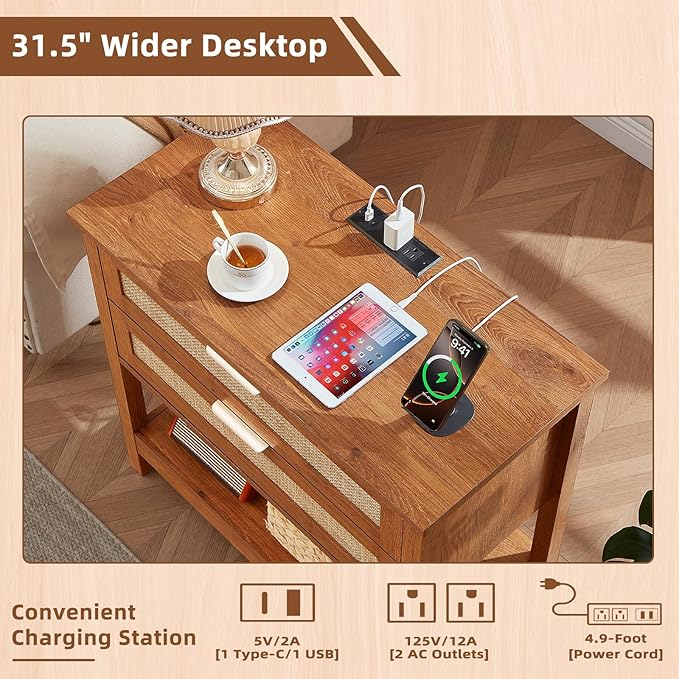 LEYAOYAO 31.5" Wide Rattan Night Stand with Charger Station, Oversized Large Boho Nightstand with 2 Drawer, Tea Brown Bed Side End Tables, Tall Bedside Table for Bedroom Living Room, Hallway