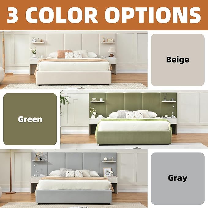 Queen Bed Frame with Storage & Built-in Nightstands, Velvet Upholstered Platform Bed Frame with Drawers & 2 Floating Storage Shelves, Noise-Free, No Box Spring Needed, Easy Assembly, Beige