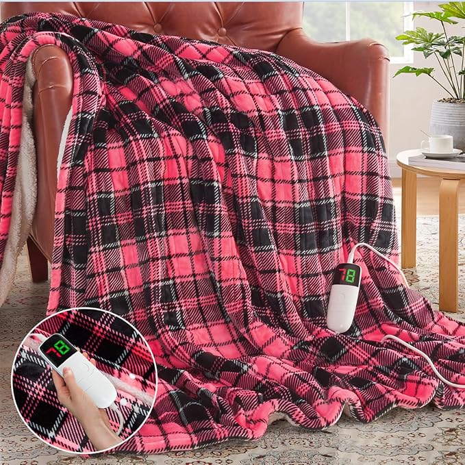 OCTROT Heated Blanket Electric, Twin Size 62X84, Heating Blanket with 10 Heating Levels & 8 Hours Auto Off, Pink Plaid Checkered Plaid Sherpa Blankets Warmer for Adults, Fast Heating Washable