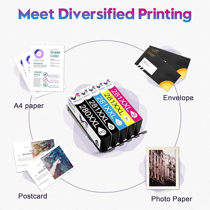 ONLYU 280XXL 281XXL Compatible for Canon Ink 280 and 281 Cartridges PGI-280XXL CLI-281XXL for Canon TR8520 Ink Cartridges for Pixma TR8620 TR8620a TS6320 TR7520 TS6120 TS6220 TS8220 TS9520 (5 Packs)