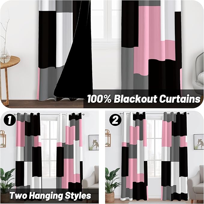 Pink 100% Blackout Curtains for Bedroom 63 inch Length 2 Panels Set White Grey Modern Abstract Geometric Black Out Curtains Insulated Room Darkening Window Drapes for Girls Living Room, 52Wx63L