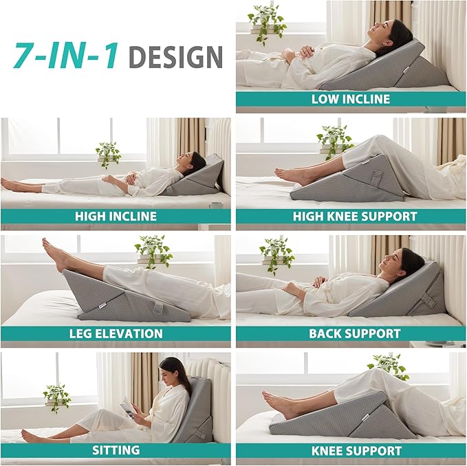 Bedluxe Wedge Pillow for Sleeping, Adjustable 9&12 Inch Foldable Bed Wedge Pillow Set, Orthopedic Memory Foam Triangle Pillows Wedge, 7-in-1 Elevated Pillows for Leg and Back Support, Grey