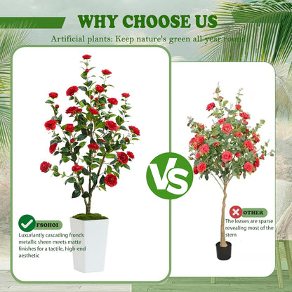 Artificial Camellia Tree 5FT Faux Trees Indoor Fake Floral Plant Blooming Tree with Red Flowers & White Tall Planter, Faux Camellia Plants for Porch Home Room Bedroom Office Front Door Outdoor Decor