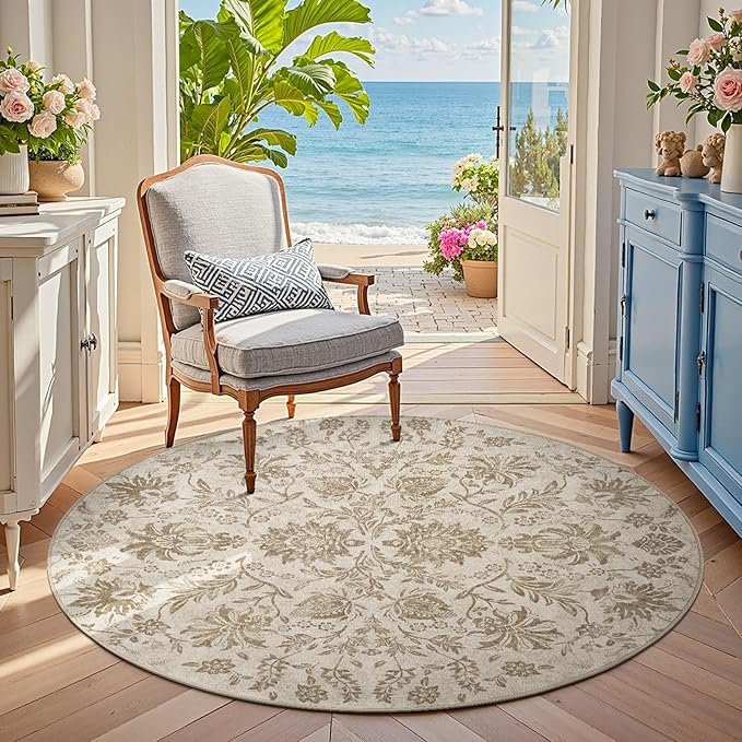 jinchan Torino Classic Floral Round Rug 4ft, Vintage-Inspired Neutral Design 4’Circle Rug, Machine Washable Ultra-Thin Low-Pile Non-Slip Indoor Carpet for Bedroom Living Room Entryway Taupe