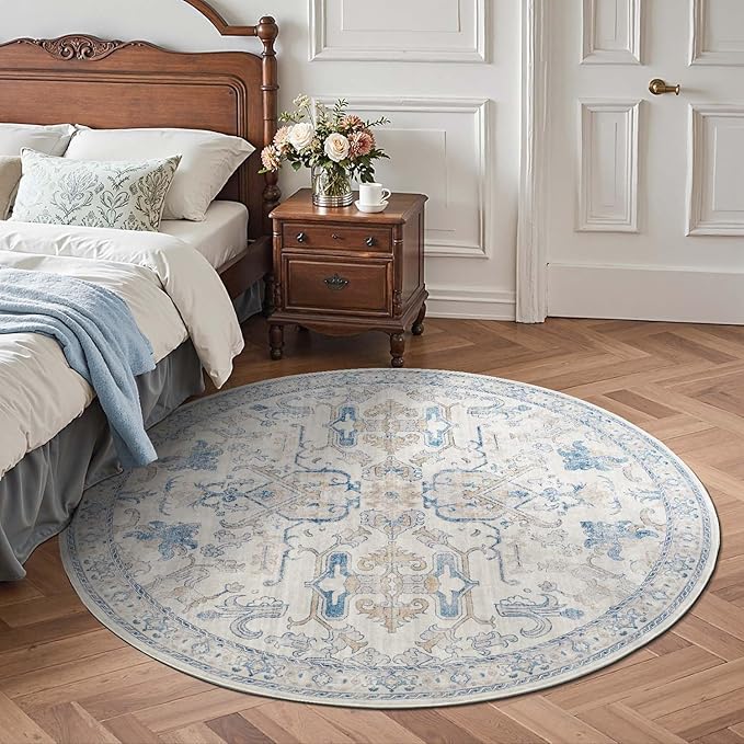 jinchan Round Rug 4ft Area Rug Indoor Vintage Floral Circle 4' Washable Ultra-Thin Low Pile Soft Small Non Slip Distressed Print for Living Room Dining Room Bedroom Entryway Blue