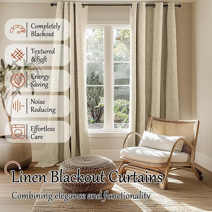 100% Blackout Curtains for Living Room/Bedroom 84 Inch Length 2 Panels Set, Thermal Insulated Bronze Grommet Boho Light Blocking Faux Linen Window Drapes White Liner, Each 52" Wide, Burlap