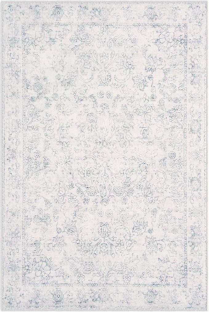 jinchan 8x10 Machine Washable Area Rugs for Living Room – Vintage Floral Soft Stain Resistant Low Pile Rug, Non Slip Ultra-Thin Carpet for Bedroom, Dining Room, Home Office, Nursery (8'x10', Ivory)