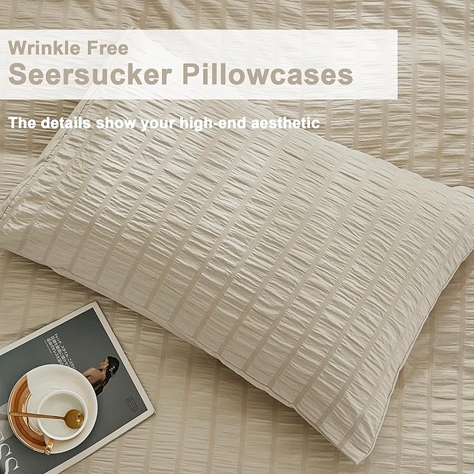 AveLom Beige Seersucker Duvet Cover Set King Size (104 x 90 inches), 3 Pieces (1 Duvet Cover + 2 Pillow Cases), Ultra Soft Washed Microfiber, Textured Duvet Cover with Zipper Closure, Corner Ties