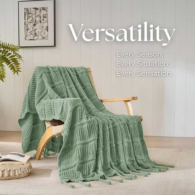 Boho Knitted Chenille Blanket with Tassels - Lightweight & Soft All-Season Throw - 3D Classic Pattern for Living Room Bedroom Couch, Sage Green, Queen 90"x90"