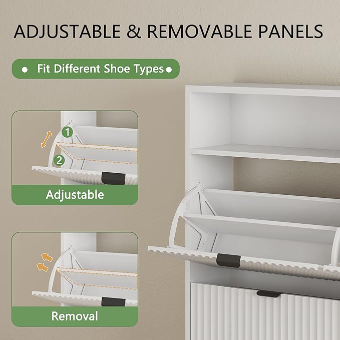 Shoe Cabinet with 4 Flip Drawers, 46" Tall Narrow Fluted Shoe Storage Organizer for Entryway, Hidden Slim Wooden Shoe Rack Cabinet for Front Door Entrance, Hallway, Living Room, Solid White