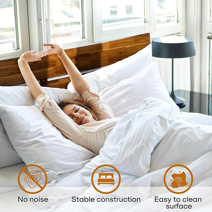 Acacia Aurora Bed Frame with Headboard Solid Wood Foundation, Queen Bed Frame, Contemporary Signature Solid Wood Foundation Compatible with All Mattress Types, Non-Slip and Noise-Free, Chocolate