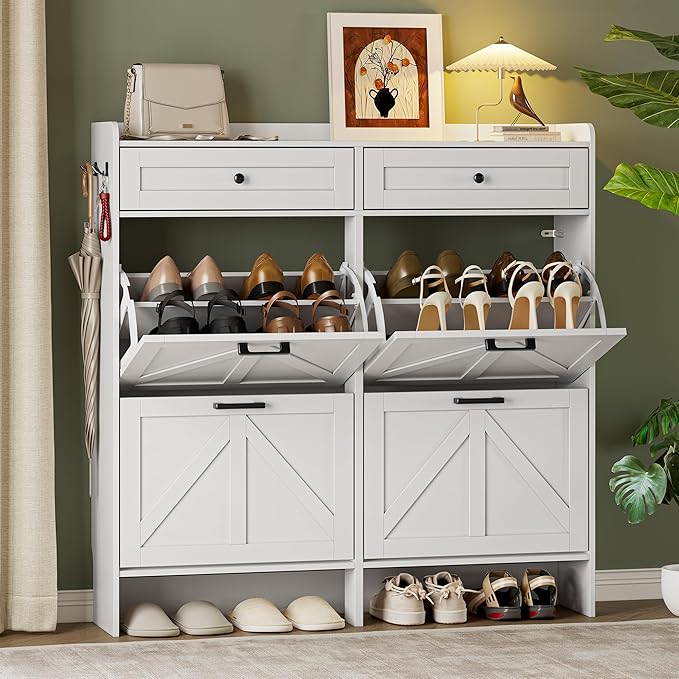 Shoe Storage Cabinet for Entryway, Farmhouse Wide Shoe Cabinet with 4 Flip Drawers and 2 Top Drawers, Freestanding Organizer with Adjustable Shelves, Hooks, and Anti-Tip Kit for Hallway
