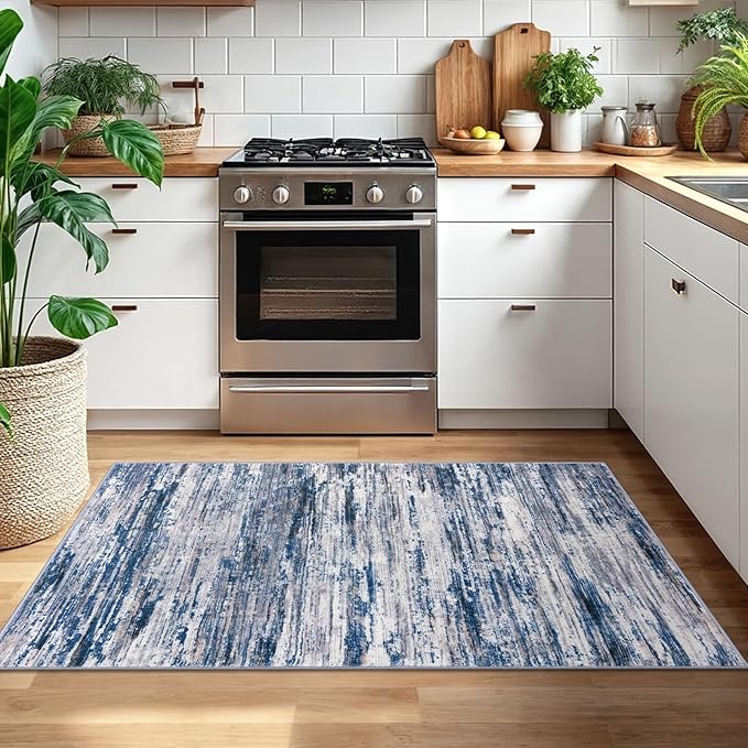 3x5 Modern Abstract Area Rug for Entryway, Navy Blue Gray Neutral Multi Super Soft Washable Rug with Non-Slip, Low-Pile Door Mat Indoor for Living Room Bedroom, Carpet with Non-Shedding