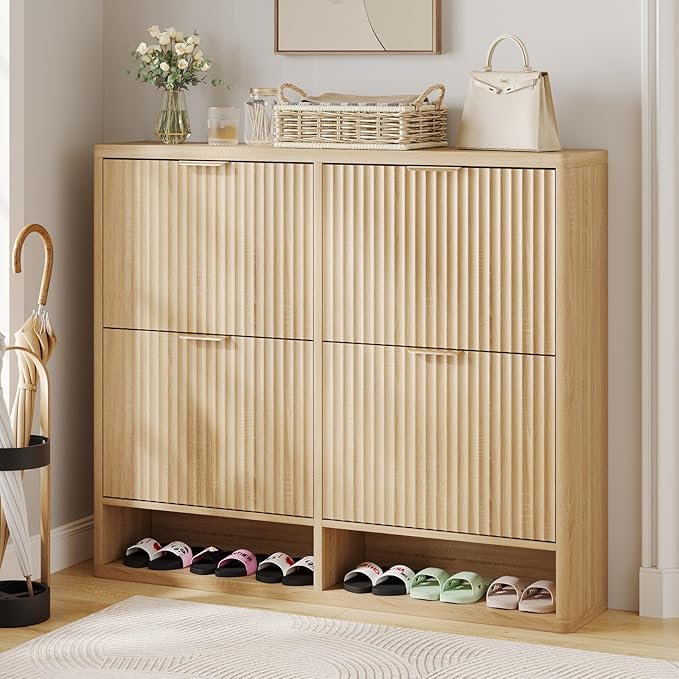 Fluted Shoe Cabinet Storage with 4 Flip Drawers, Narrow Shoe Storage Organizer for Entryway, Hidden Slim Wooden Shoe Rack Cabinet for Front Door Entrance, Hallway, Living Room (4-Drawer, Oak)
