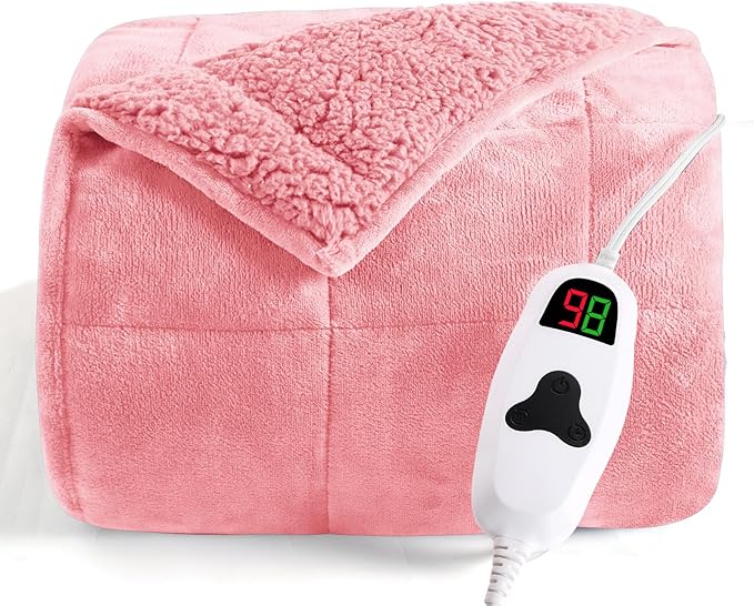 CYMULA Heated Weighted Blanket for Adults, Weighted Heated Blanket 50" x 60", 13lbs Sherpa Fleece Weighted Electric Blanket Soft Heating Blanket with 10 Heating Levels & 1-8 Hours Auto Off, Pink