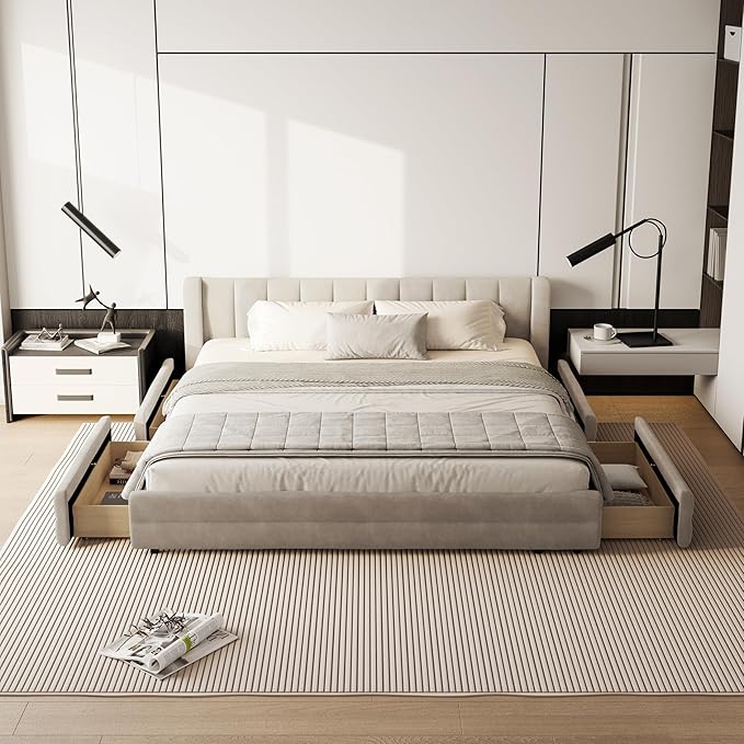 DEINPPA King Size Bed Frame with 4 Storage Drawers and Cloud Soft Headboard, Chenille Upholstered Grounded Wood Base Bed Frame, No Box Spring Needed-Beige