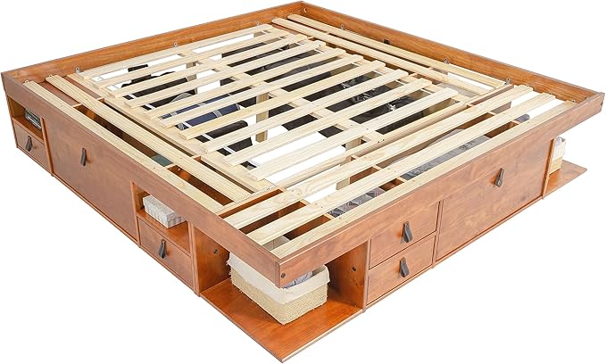 memomad Bali Storage Platform Bed with Drawers (King Size, Oak Brown Wood)