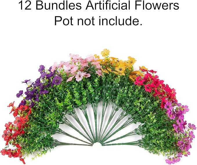 HyeFlora Artificial Flowers for Outdoor Indoor Garden Home Decoration, Faux Flower Daisy with Eucalyptus Leaves Fake Plants Greenery Boxwood Porch Patio, 12 Bundles (6 Multicolor)