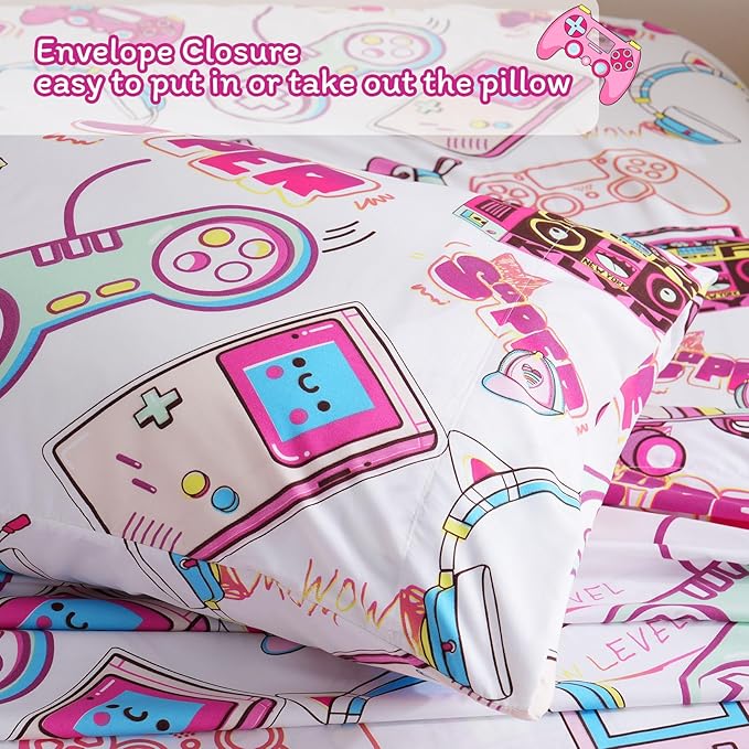 JSD Gaming Kids Sheet Set Full Size, 4 Piece Soft Girls Gamer Printed Microfiber Bed Sheets Deep Pocket