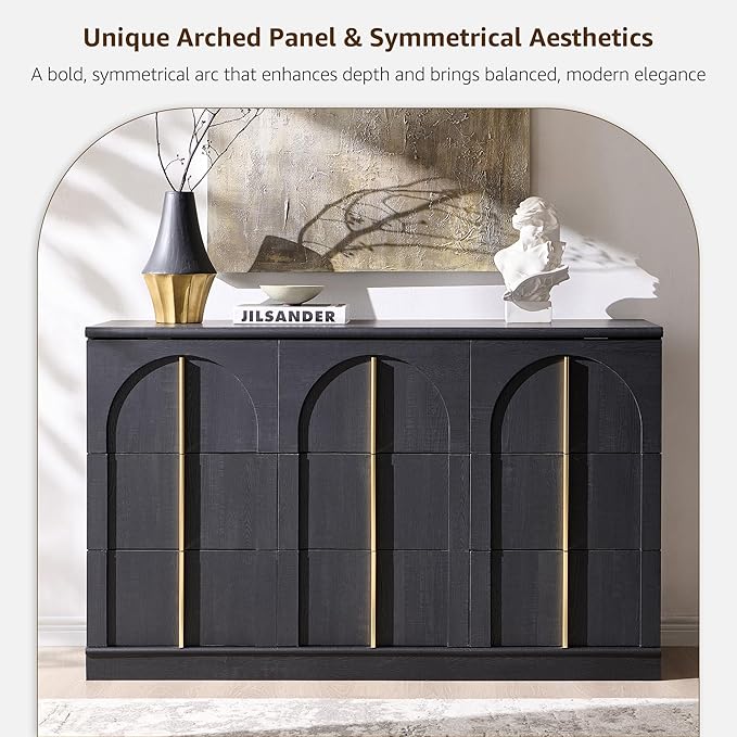 ACCOHOHO Arched Dresser for Bedroom with 9 Drawers, 52" Wide Modern Chest of Drawers with Rounded Edge & Metal Handles, Wood Storage Closet Dressers TV Stand for Living Room, Hallway, Black