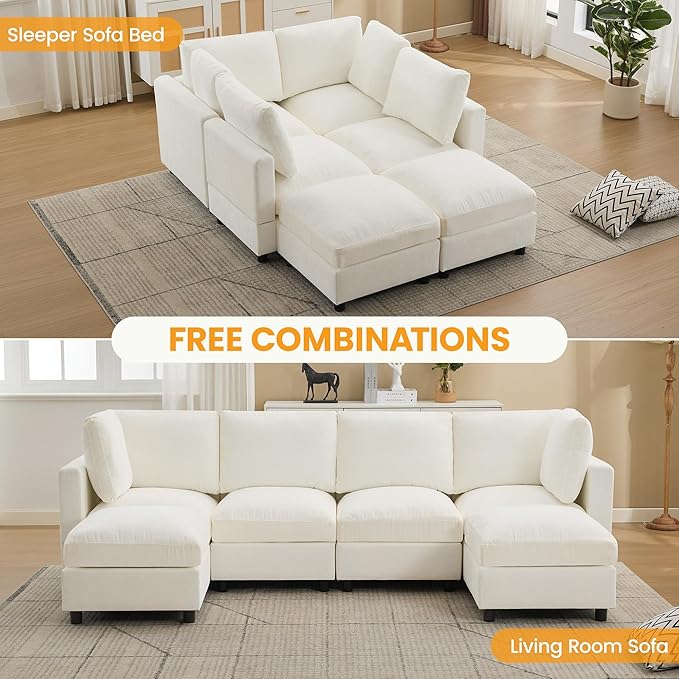 116'' 4-Seater Modular Sectional Cloud Sofa with 2 Ottomans, U-Shaped Couch for Living Room, Modern Deep Seat Sofa with Soft Back Cushions, Chenille Beige