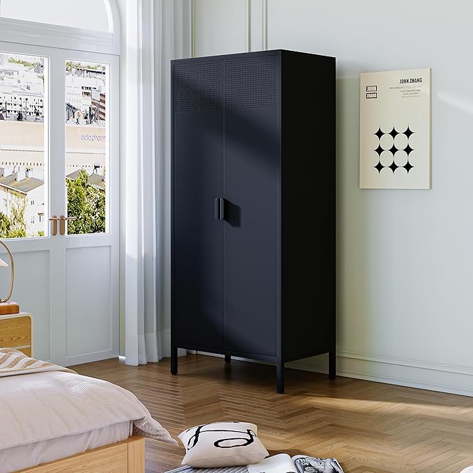 COFaR Metal Wardrobe Cabinet with Hanging Rod, 71 inches Tall Bedroom Armoire Wardrobe Closet for Home, Office, Garage, Laundry Room Black