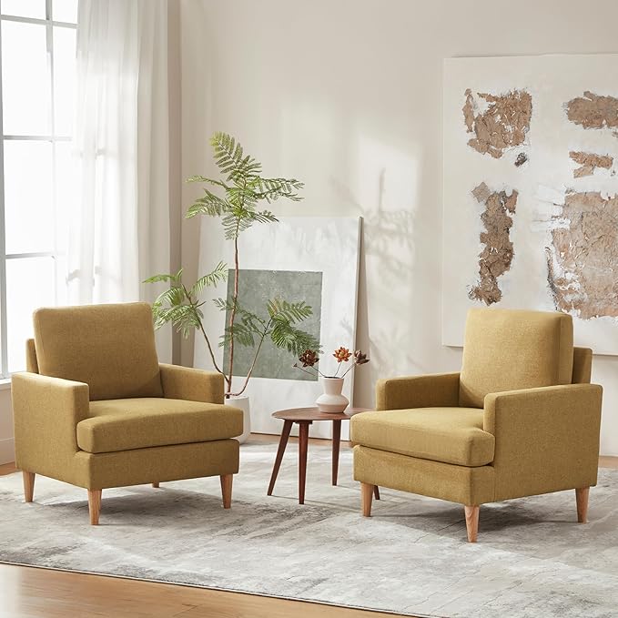 VKNOW Mid-Century Accent Chairs Set of 2, No Tools Assembly Required, Modern Upholstered Polyester Armchairs for Living Room & Bedroom, Comfortable Reading Chairs with Wood Legs, Yellow
