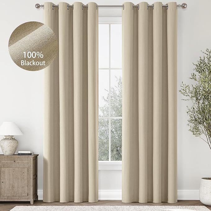 ChrisDowa 100% Blackout Linen Curtains, 2 Panels Set Thermal Insulated Room Darkening Curtains for Living Room, Privacy Grommet Window Drapes for Bedroom (Greyish Beige, 52 x 108 Inch)