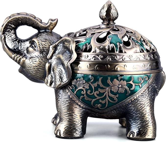 K COOL Metal Backflow Incense Holder Elephant Cone Incense Burner Candle Holder with Lid, Aromatherapy Ornament Home Office Decoration for Indoor Outdoor (Green)