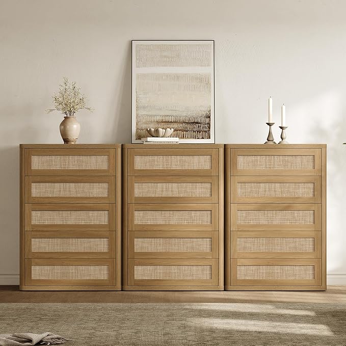 SICOTAS Tall Dresser for Bedroom - Rattan 5 Drawer Dressers Chest of Drawers with Push-to-Open Design, Modern Extra Deep Clothes Dresser with Large Storage for Closet, Living Room, Amber Oak, 2PCS