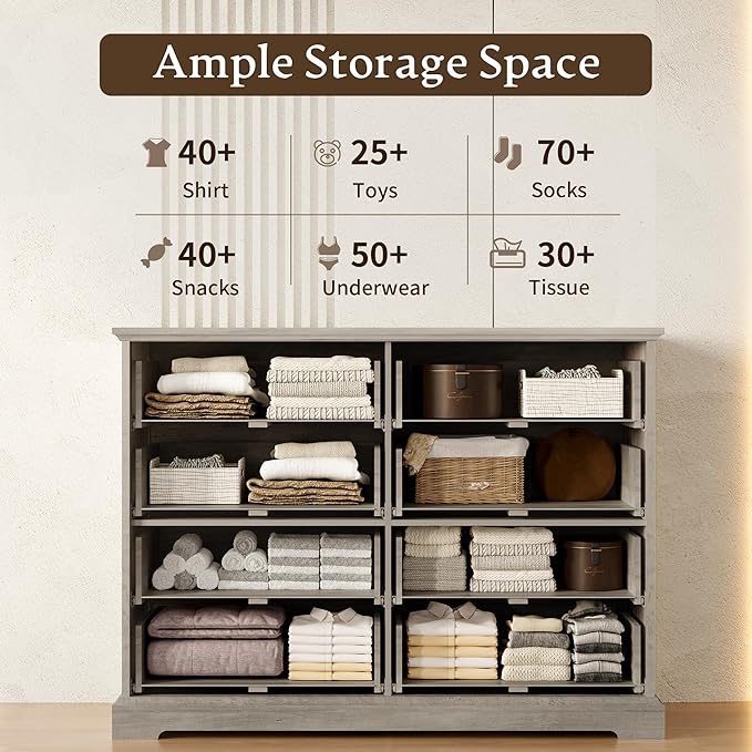 Farmhouse 8 Drawers Dresser for Bedroom, 48" Wide Modern Chest of Drawers with Deep Drawers & Bar Handles, Rustic Wood Dresser TV Stand, Wooden Closet Storage Organizer for Living Room, Hallway, Grey