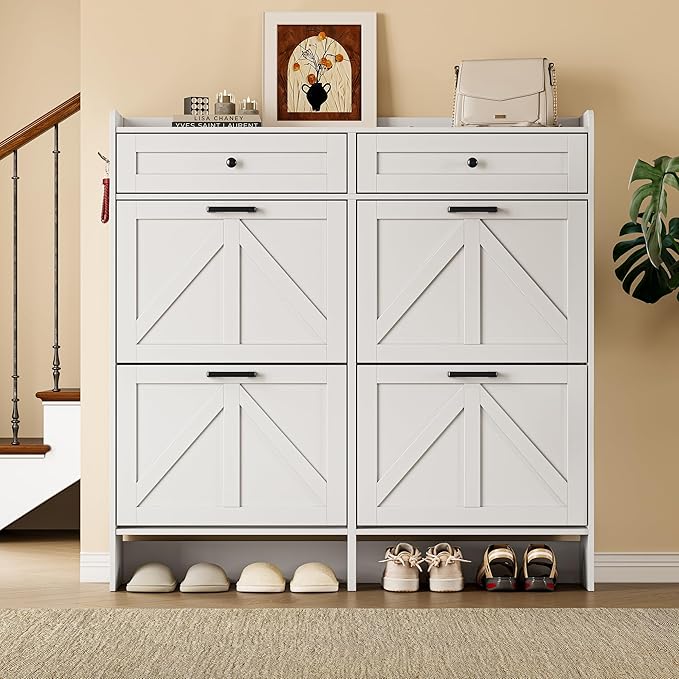 Shoe Storage Cabinet for Entryway, Farmhouse Wide Shoe Cabinet with 4 Flip Drawers and 2 Top Drawers, Freestanding Organizer with Adjustable Shelves, Hooks, and Anti-Tip Kit for Hallway
