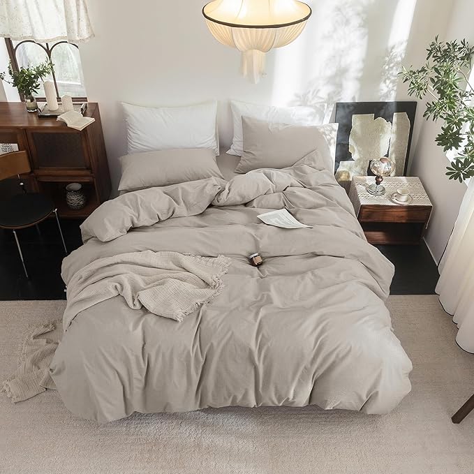FOSSA Duvet Cover Set 100% Washed Cotton Linen Feel Super Soft Breathable Cozy 3 Pieces Bedding Sets Solid Cream Grey Full/Double