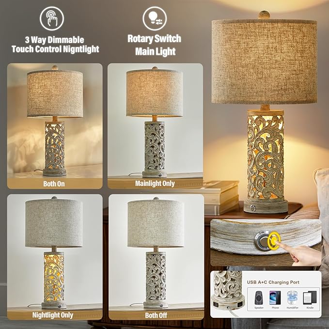 OYEARS Bedside Table Lamps Set of 2 with USB & Night Light, 22'' Dimmable Touch Lamps for Nightstand, Farmhouse Lamps for Bedroom Living Room Home Offce (Bulb Included)