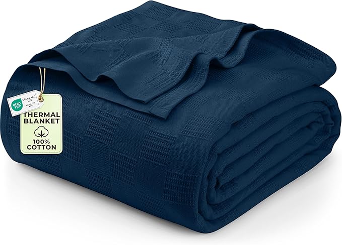 Utopia Bedding Navy 100% Cotton Blanket [Twin Size - 90x72 Inch] 350GSM Lightweight, Soft and Breathable Thermal Blanket for All Seasons