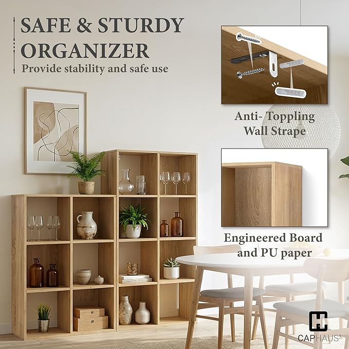 CAPHAUS Sturdy Room 11-Inch Cube Storage Organizer Shelf, with Thick Exterior Edge, Storage Shelf Divider w/Back, Bookcase, 8-Cube, Natural Oak
