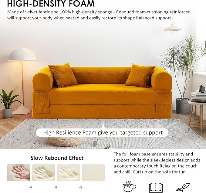 80" Convertible Sofa Bed, 3-in-1 Corduroy Folding Pull Out Couch with Pillows, No Assembly Modern Boneless Couch Compression Sofa in Box, Floor Sofa with Side Storage Pocket for Living Room, Yellow