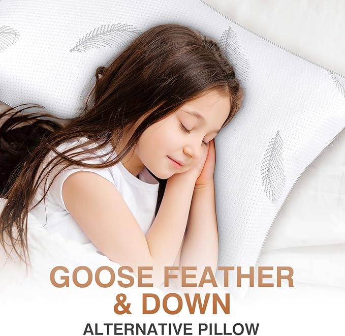 Goose Feather Pillows Bed Pillow - Hotel Down Pillows King Size Set of 2, Fluffy Support Surround Fill Polyester for Back, Stomach, Side Sleepers
