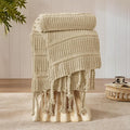 Boho Knitted Chenille Blanket with Tassels - Lightweight & Soft All-Season Throw - 3D Classic Pattern for Living Room Bedroom Couch, Sandy Beige, King 90"x108"