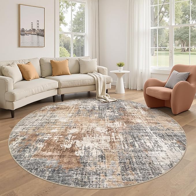 6ft Round Area Rug Living Room Rugs - 6x6 Washable Large Soft Indoor Neutral Modern Abstract Low Pile Rug Carpet for Bedroom Dining Room Farmhouse Home Office - Grey Brown
