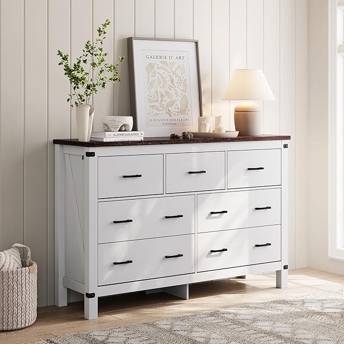 LINSY HOME Farmhouse Dresser for Bedroom with 7 Drawers, 53” Wide Rustic Wood Chest with Deep Drawer, Modern Dressers with Storage and Metal Handles for Closet, Living Room, Hallway, Off White