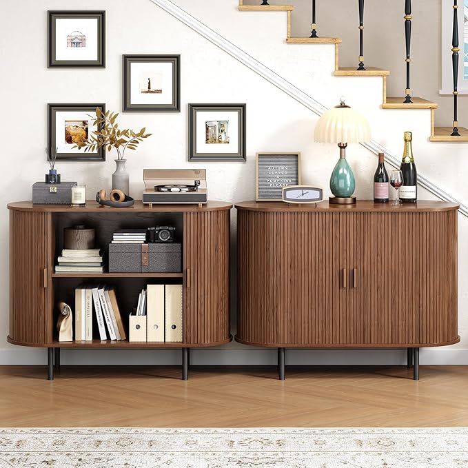 Buffet Cabinet with Storage, Fluted Sideboard Buffet with Sliding Door, Coffee Bar Cabinet with Adjustable Shelf, Console Table, Accent Table for Entryway, Kitchen (Walnut, 40 Inch)