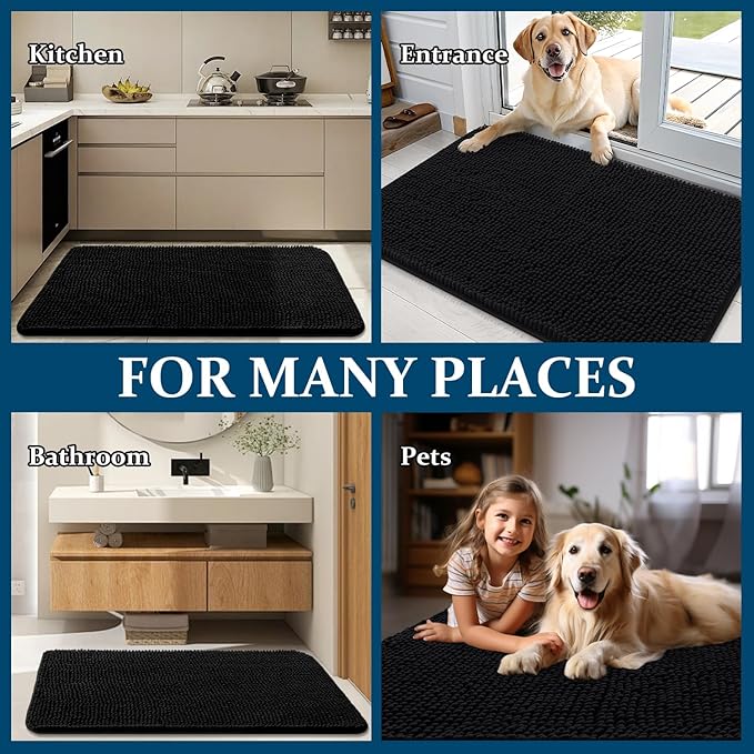 OLANLY Dog Door Mat for Muddy Paws 70x35, Absorbs Moisture and Dirt, Absorbent Non-Slip Washable Doormat, Quick Dry Chenille Mud Mat for Dogs, Entry Indoor Entryway Carpet for Inside Floor, Black