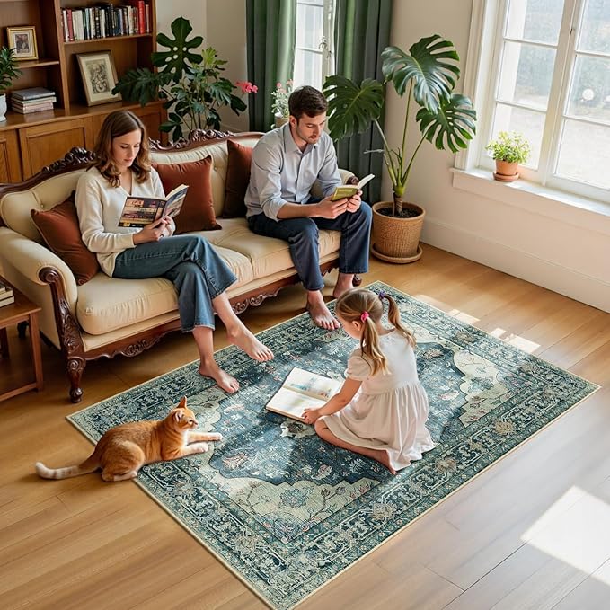 Area Rugs 4'x6' Washable Non-Slip, Floral Vintage Distress Print Pattern Medallion Carpet for Living Room Bedroom Dining Room, Dark Blue Vintage