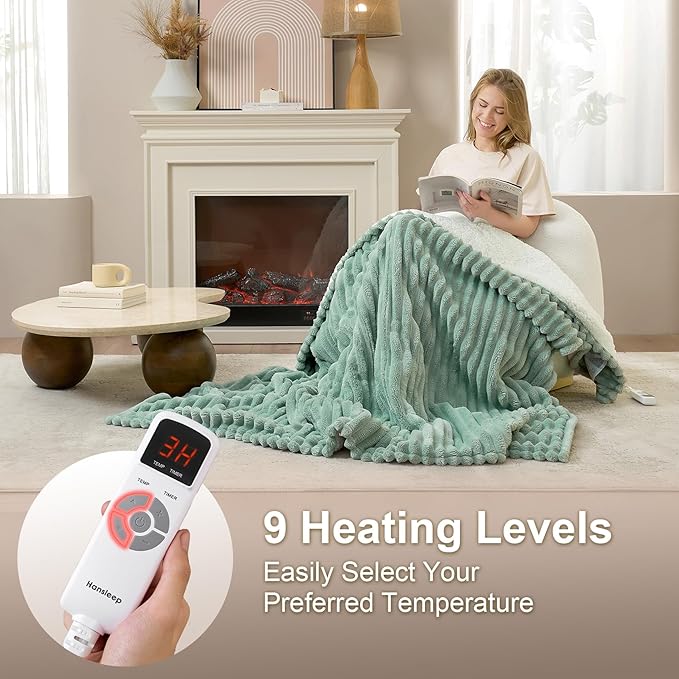 Hansleep Heated Blanket King Size Electric Throw Dual Control, Heating Blanket with 9 Heating Levels and 10-Hour Timer Auto Shut Off, Washable Soft Warm Winter Blanket, 90 x 100 Inches, Green