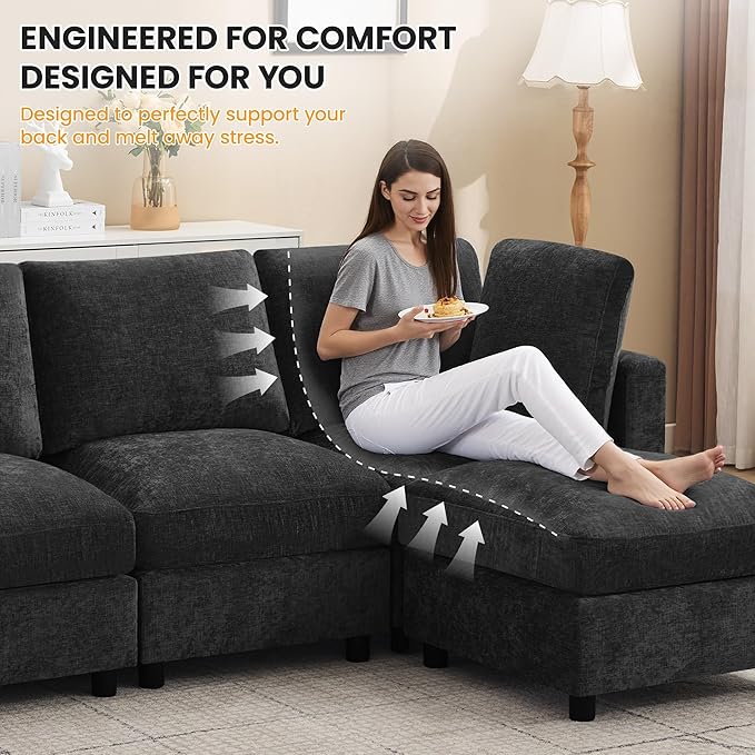 89'' 3-Seater Modular Sectional Cloud Sofa with Ottoman, L-Shaped Couch for Living Room, Modern Convertible Deep Seats Sofa, Chenille Dark Grey