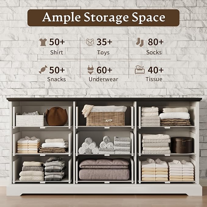 Farmhouse 9 Drawers Dresser for Bedroom, 63" Wide Modern Chest of Drawers with Deep Drawers & Bar Handles, Rustic Wood Dresser TV Stand, Wooden Closet Storage Organizer for Living Room, Hallway, White