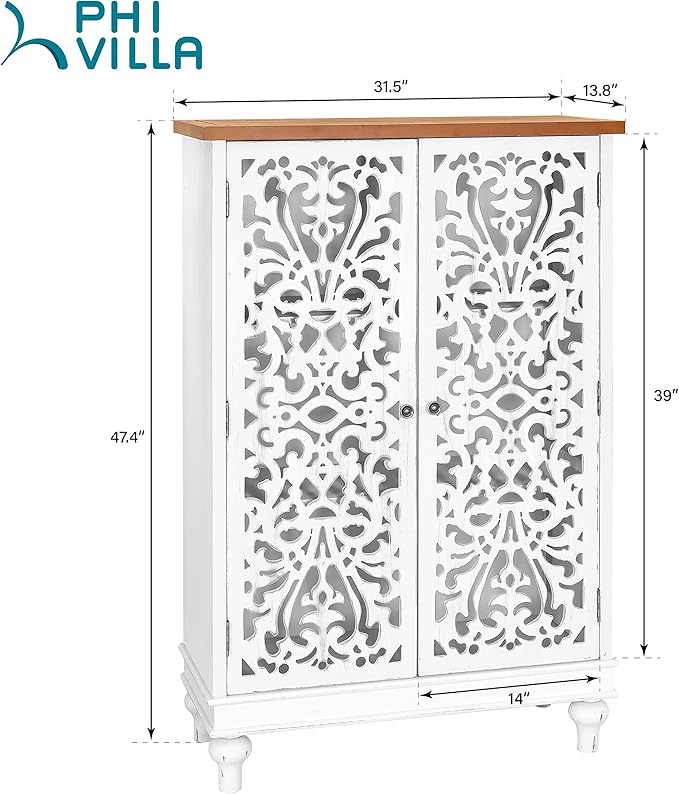 PHI VILLA Tall Accent Cabinet with Doors - Farmhouse Storage Cabinet for Living Room White
